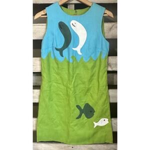Vintage 1960s Handmade Fish Mini Dress Blue Lime Green Unique Size Small